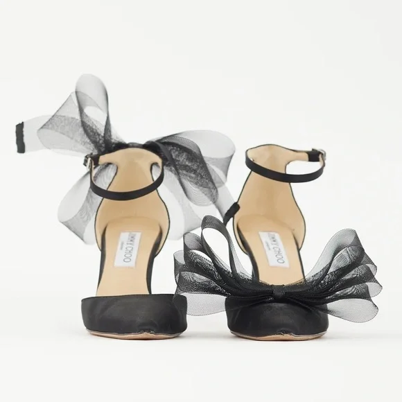 Jimmy Choo Averly 100 Black Mesh Bow Satin Pointed Toe Stiletto Heel Pumps - Picture 6 of 9